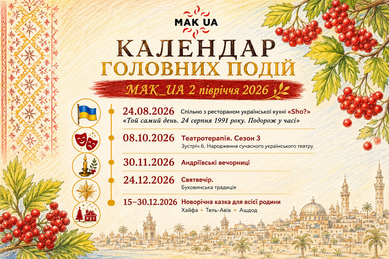 Украинские мероприятия в Израиле 2026: MAK_UA объявила календарь до конца года — от Дня Независимости до новогодней сказки